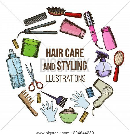 Set of colorful sketch equipments for styling and hair care. Products and tools for home remedies of hair care. Vector