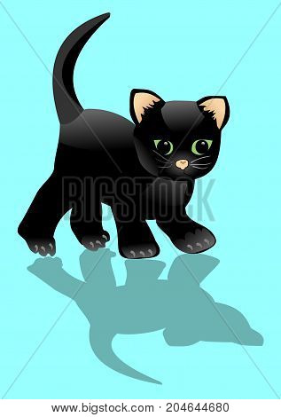 Black kitten looks at his shadow. Little surprised cat on lighta blue background. Halloween illustration cartoon. Vector EPS 10