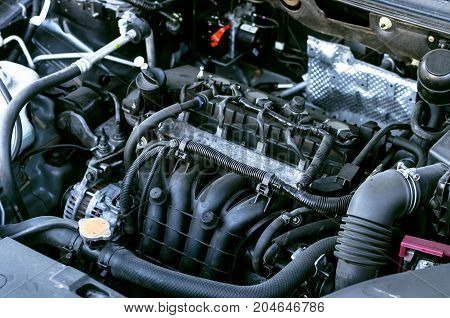 Close up detail of car engine. The engine compartment.