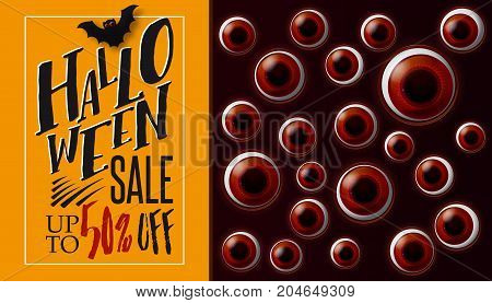 Eyes Halloween SALE banner. Spooky background. Vector illustration. Looking from darkness eyes. Business label