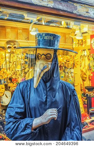 Venice, Italy - May 11, 2017 : Plague Doctor Costume Was A Medical Physician Who Treated Victims Of
