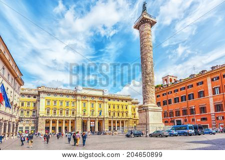 Rome, Italy - May 10, 2017: Column Of Marcus Aurelius(colonna Di Marco Aurelio) On Square Column. Ro