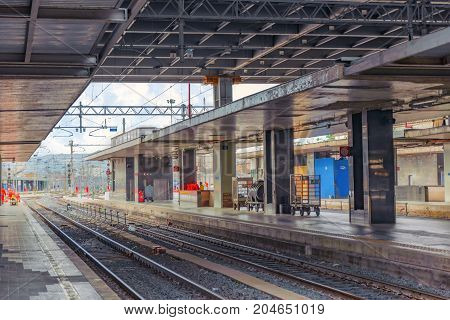 Rome , Italy - May 11, 2017 : Passenger Train, People On Rome Railways Stantion - Roma Termini. Ital