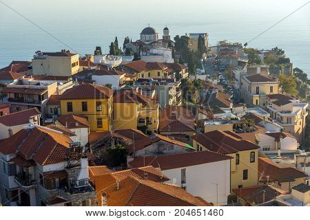 Sunset Panorama to old town of Kavala, East Macedonia and Thrace, Greece