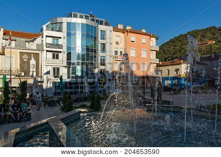 PETRICH, BULGARIA - SEPTEMBER 6, 2017:  Panoramic view of Centre of town of Petrich, Blagoevgrad region, Bulgaria