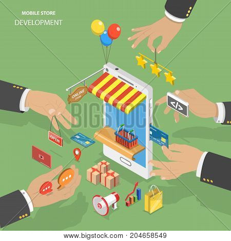 Mobile store development flat isometric low poly vector concept. Several hands construct the application for mobile shop.