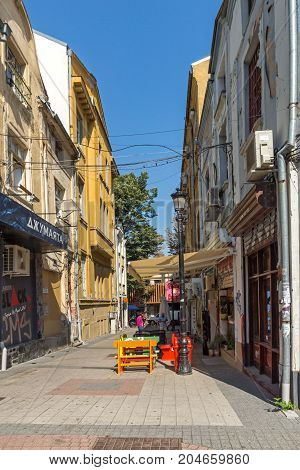 PLOVDIV, BULGARIA - SEPTEMBER 1, 2017:  Street in district Kapana, city of Plovdiv, Bulgaria
