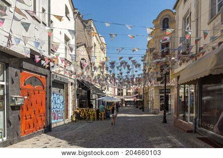 PLOVDIV, BULGARIA - SEPTEMBER 1, 2017:  Street in district Kapana, city of Plovdiv, Bulgaria