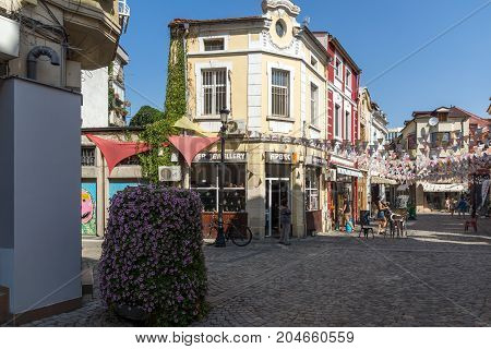 PLOVDIV, BULGARIA - SEPTEMBER 1, 2017:  Street in district Kapana, city of Plovdiv, Bulgaria
