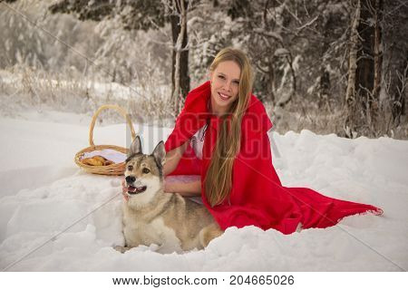 Girl in costume Little Red Riding Hood with dog like a wolf and a basket with apples and pies in the winter in the woods in the snow