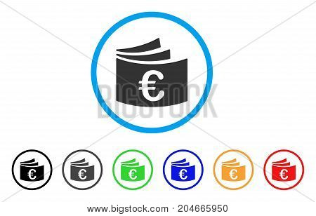 Euro Checkbook rounded icon. Style is a flat euro checkbook grey symbol inside light blue circle with black, gray, green, blue, red, orange color versions.