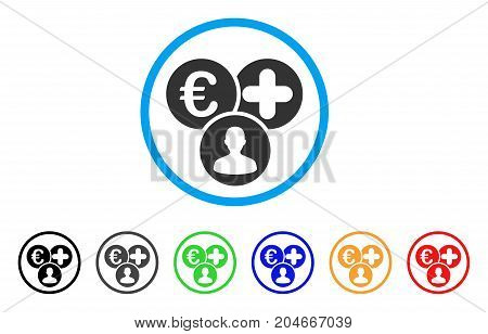Euro Medical Expences rounded icon. Style is a flat euro medical expences gray symbol inside light blue circle with black, gray, green, blue, red, orange color versions.