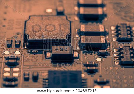 Circuit board. Electronic computer hardware technology. Information engineering component. macro photography.