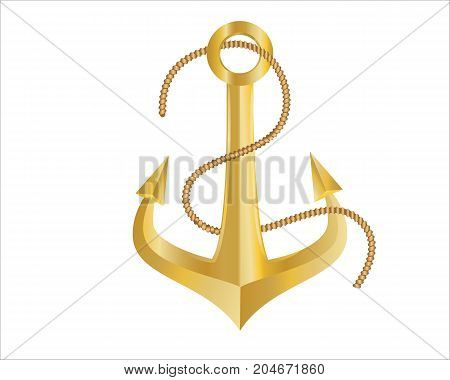 Gold Anchor and Rope on white background
