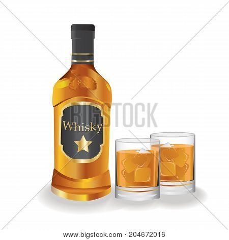 Bottle and lass with whiskey and ice cubes isolated on  white background. vector