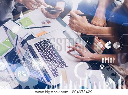 Concept of digital diagram, graph interfaces, virtual screen, connections icon on blurred background.Business meeting process.Woman typing laptop computer keyboard.Horizontal.Cropped