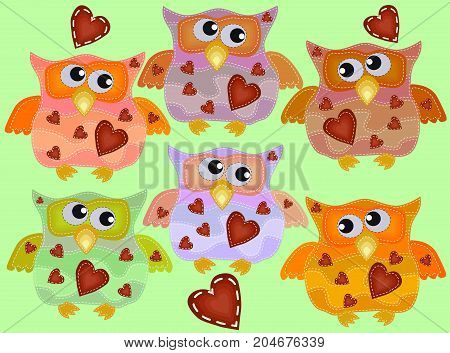 A Set Of Six Cool Owls With Drunken Flickering Eyes In Different Directions, Hearts On The Chest Wit