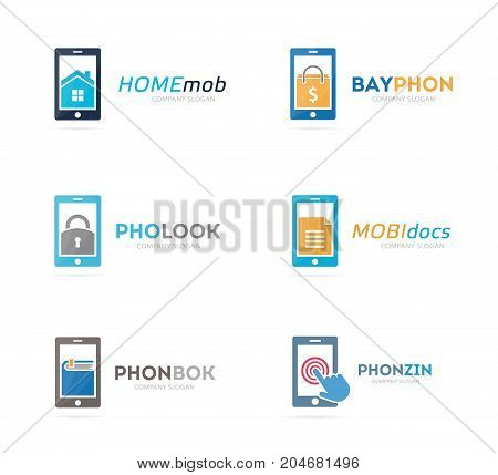 Set of phone logo combination. Mobile and gadget symbol or icon. Unique telephone and cellphone logotype design template.