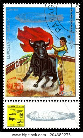 STAVROPOL RUSSIA - September 12 2017: a stamp printed by Paraguay shows Corrida Bull Fighter International air mail exhibition 