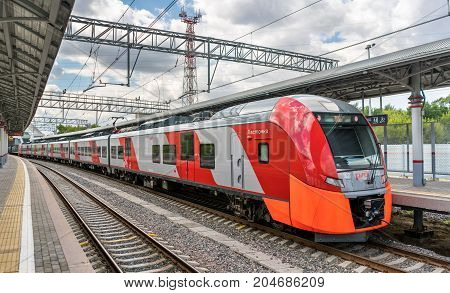 Moscow, Russia - July 25, 2017: Train at the Moscow Central Circle line. Opened in 2016, it became the 14th line of the Moscow rapid transit system