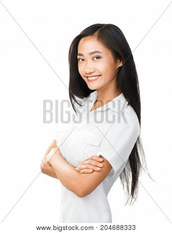 Happy Smiling Girl In Profile With Crossed Arms Isolated