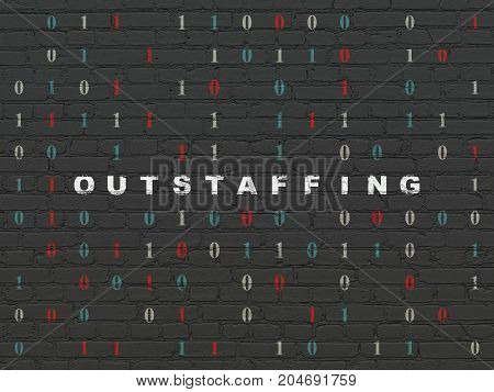 Finance concept: Painted white text Outstaffing on Black Brick wall background with Binary Code