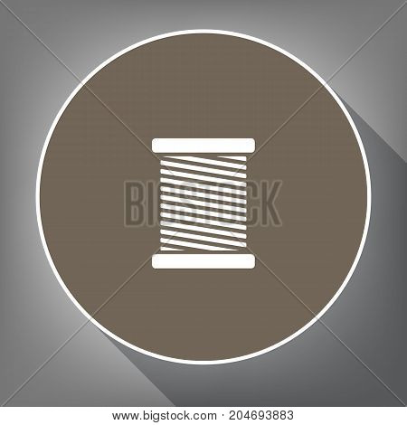 Thread sign illustration. Vector. White icon on brown circle with white contour and long shadow at gray background. Like top view on postament.