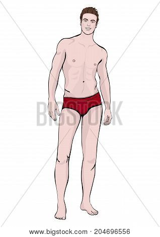 Man In Shorts Standing Front Side Full-length, Vector Cartoon Male Portrait, Multicolored Painted Mu