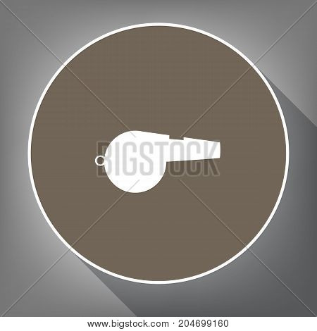 Whistle sign. Vector. White icon on brown circle with white contour and long shadow at gray background. Like top view on postament.