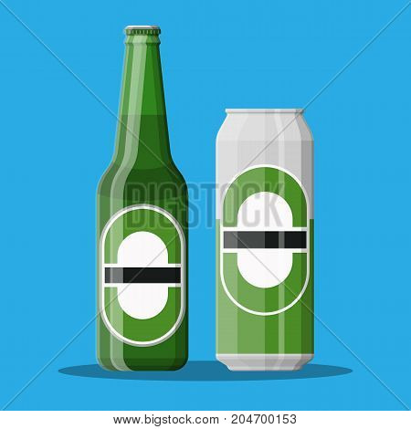 Bottle and can of beer. Beer alcohol drink. Vector illustration in flat style