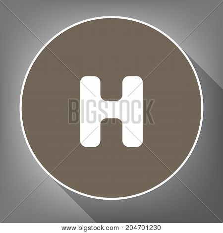 Letter H sign design template element. Vector. White icon on brown circle with white contour and long shadow at gray background. Like top view on postament.