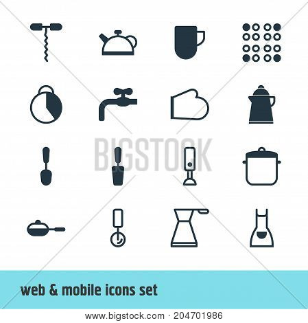 Editable Pack Of Smock, Teakettle, Oven Mitts And Other Elements.  Vector Illustration Of 16 Kitchenware Icons.