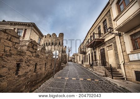 Empty Street In Old City Of Baku, Azerbaijan. Old City Baku. İnner City Buildings.