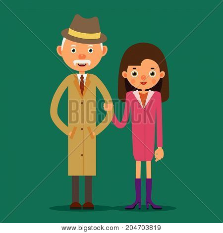 Old man and young girl. An elderly man stands next to a young girl who holds his arm. Grandfather and granddaughter. Illustration in flat style. Isolated. Vector.