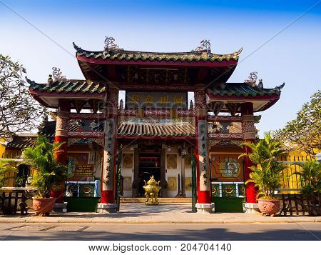 HOIAN, VIETNAM, SEPTEMBER, 04 2017: Beautiful view of an ancient gorgeous temple at hoian, in a sunny day in Vietnam.