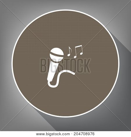 Microphone sign with music notes. Vector. White icon on brown circle with white contour and long shadow at gray background. Like top view on postament.