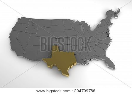 United States of America, 3d metallic map, with Texas state highlighted. 3d render