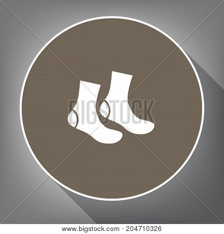 Socks sign. Vector. White icon on brown circle with white contour and long shadow at gray background. Like top view on postament.
