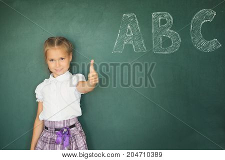 Portrait Of Caucasian Happy Child Girl With Books. School Chalkboard Or Blackboard Background. Educa