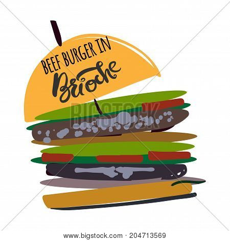 Burger in brioche  illustration for menu, cards, patterns, wallpaper.