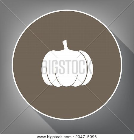 Pumpkin sign. Vector. White icon on brown circle with white contour and long shadow at gray background. Like top view on postament.