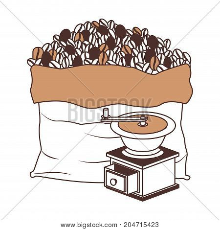 bag of coffee beans and griding with crank silhouette color section on white background vector illustration