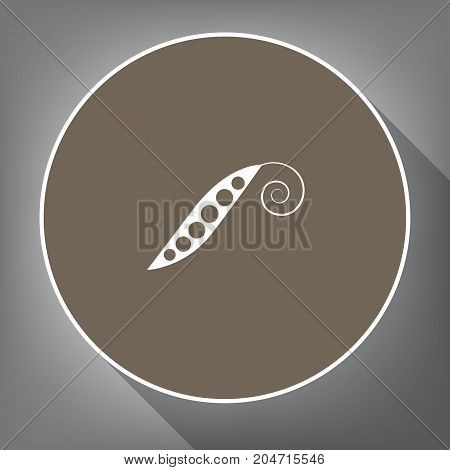 Eco food vegetables Pea sign. Vector. White icon on brown circle with white contour and long shadow at gray background. Like top view on postament.