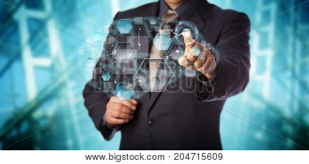 Blue chip businessman activating artificial neural network interface. Computer science concept for machine learning pattern recognition artificial intelligence data driven modeling and analytics.