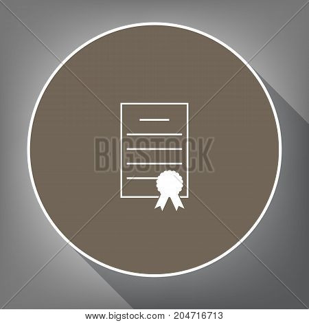Check mark sign illustration. Vector. White icon on brown circle with white contour and long shadow at gray background. Like top view on postament.