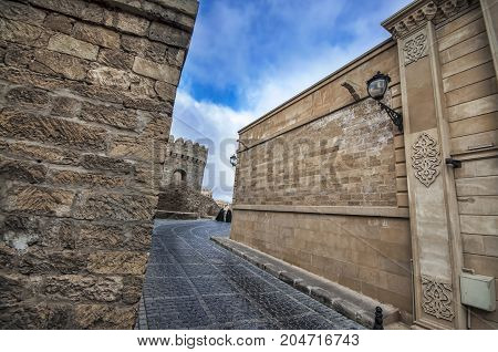 Empty Street In Old City Of Baku, Azerbaijan. Old City Baku. İnner City Buildings.