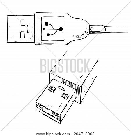 USB type A connector plug. USB cable vector illustration in sketch style.