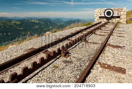 Endpoint of a rack railway on the top of a mountain on a sunny day