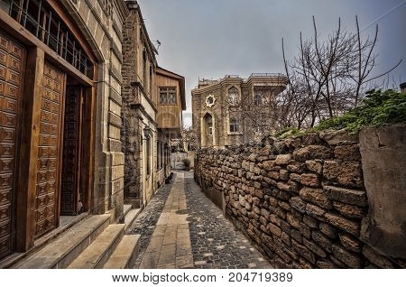 Empty Street In Old City Of Baku, Azerbaijan. Old City Baku. İnner City Buildings.