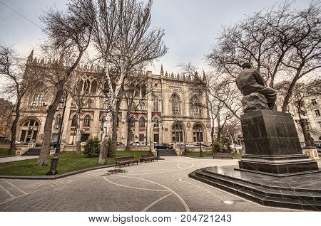 Sabir Monument And Building Of National Academy In Baku, Azerbaijan